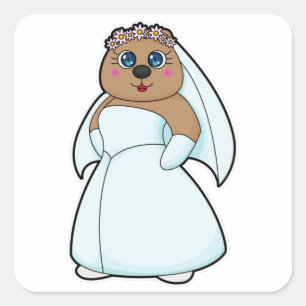 Sticker Carré Ours en mariée avec couronne de fleurs