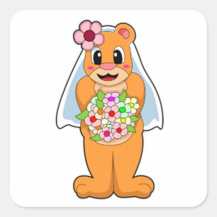 Sticker Carré Ours en mariée avec des fleurs