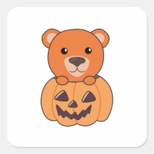 Sticker Carré Ours En Orange Citrouille Ours Halloween Ours