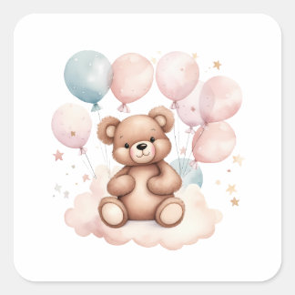 Sticker Carré Ours en peluche à ballon d'aquarelle