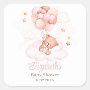 Sticker Carré Ours en peluche avec Baby shower à ballons roses