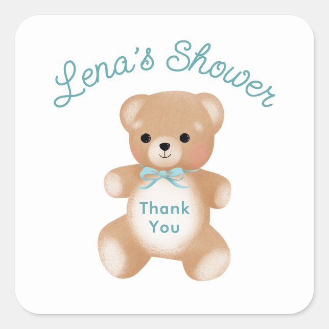 Sticker Carré Ours en peluche avec Merci en Baby shower de  en   (Devant)
