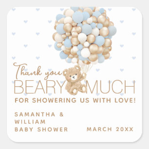 Sticker Carré Ours en peluche bleu cœur et ballon Shower Baby Bo