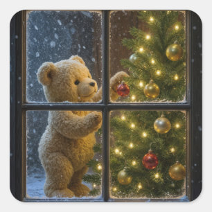 Sticker Carré Ours en peluche de Noël décorant un arbre