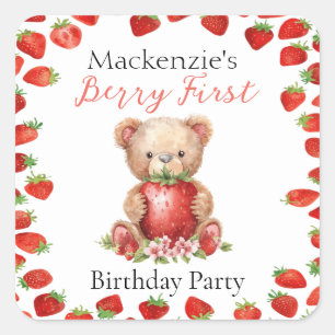 Sticker Carré Ours en peluche et fraise pour un premier annivers
