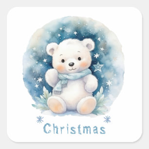 Sticker Carré Ours en peluche et Noël