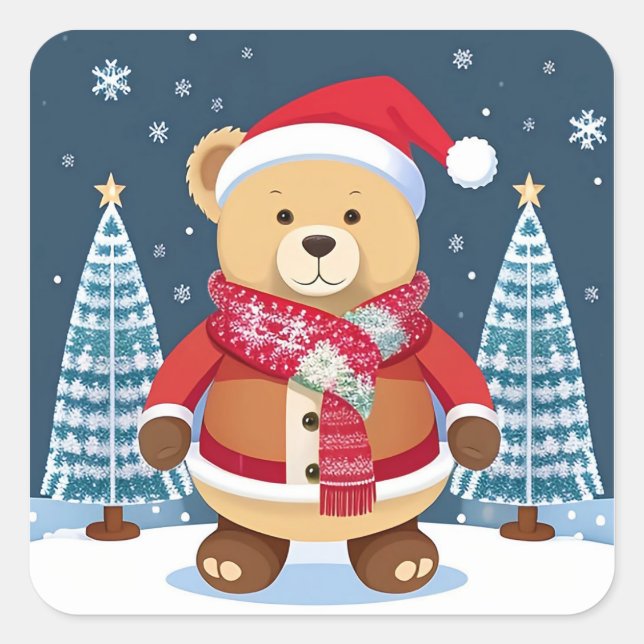 Sticker Carré Ours en peluche festif avec chapeau de Père Noël (Devant)