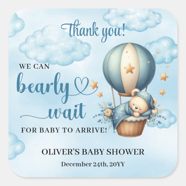 Sticker Carré Ours en peluche mignon bleu brun ivoire montgolfiè (Devant)