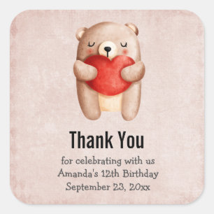 Sticker Carré Ours en peluche mignon portant un coeur rouge Anni