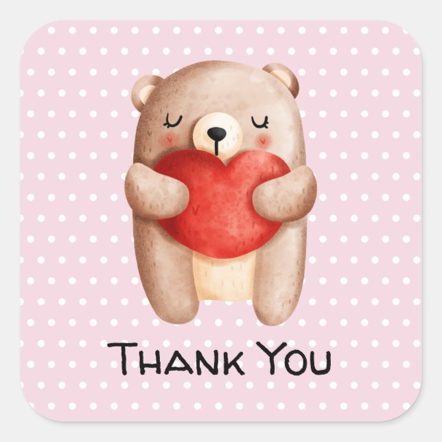 Sticker Carré Ours en peluche mignon portant un Merci du coeur r (Devant)