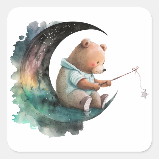 Sticker Carré Ours en peluche mignon sur la Lune, Ours en carica (Devant)