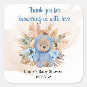 Sticker Carré Ours en peluche tropicale pampas herbe fleurs bleu