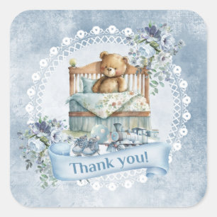 Sticker Carré Ours en peluche vintage en berceau bleu et marron
