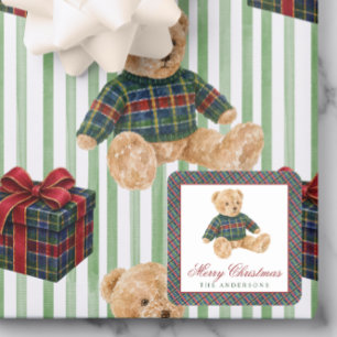 Sticker Carré Ours en tricot de Noël à carreaux tartan aquarelle