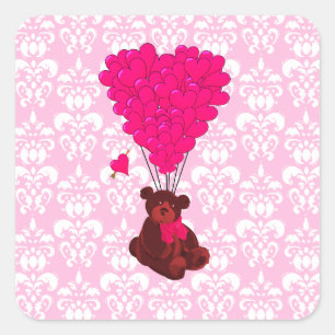 Sticker Carré Ours et ballons de coeur sur damas rose