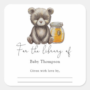 Sticker Carré Ours et miel - Ex-libris pour Baby Shower
