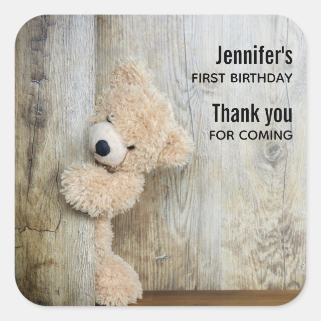 Sticker Carré Ours farci mignon Mur en bois rustique Anniversair (Devant)