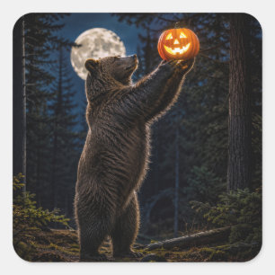 Sticker Carré Ours Grizzly d'Halloween avec la citrouille-lanter