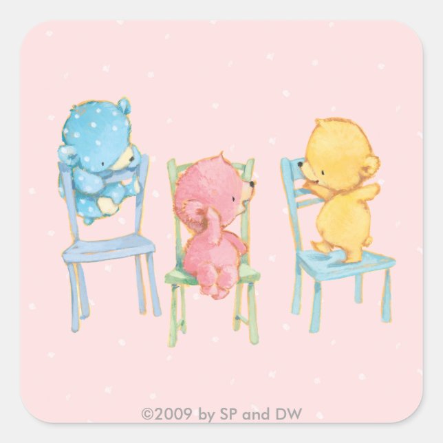 Sticker Carré Ours jaunes, roses et bleus sur chaises (Devant)