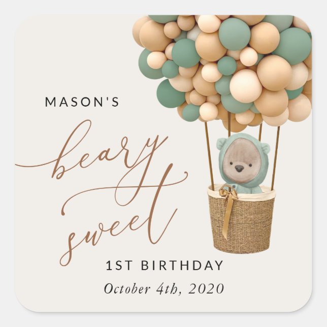 Sticker Carré Ours mignon, Ballons verts, Premier anniversaire (Devant)