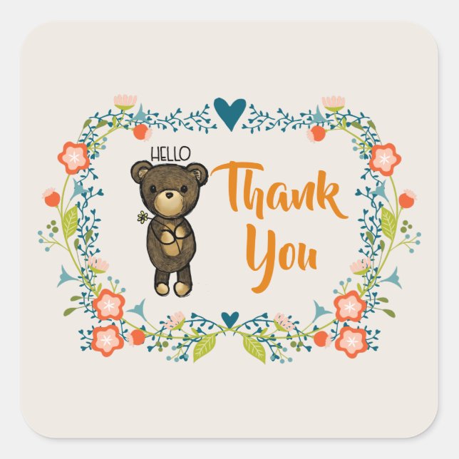 Sticker Carré Ours mignon, Fleur Jaune et Merci de couronne fleu (Devant)