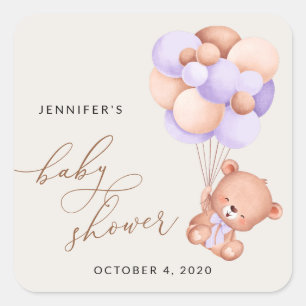 Sticker Carré Ours, Ours mignon, Ballons pourpres, Baby shower