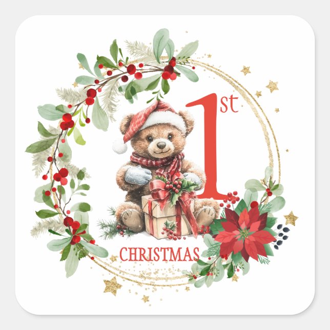 Sticker Carré Ours Poinsettia Foliage Baby's First Christmas (Devant)