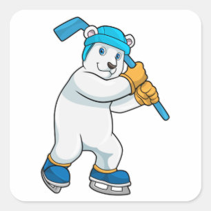 Sticker Carré Ours polaire au hockey sur glace avec bâton de hoc
