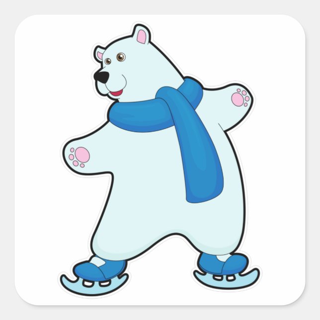 Sticker Carré Ours polaire au patinage sur glace avec Ecarf (Devant)