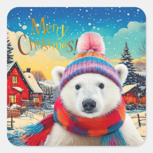 Sticker Carré Ours polaire chapeau de Père Noël et écharpe Joyeu