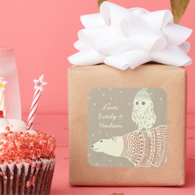 Sticker Carré Ours polaire Chouette Casquettes et pulls Étoiles  (Fête)