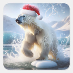Sticker Carré Ours polaire de Noël avec Casquette Père Noël