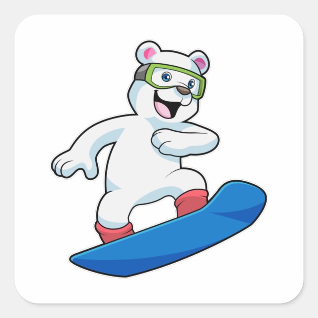Sticker Carré Ours polaire en Snowboardeur avec Snowboard (Devant)