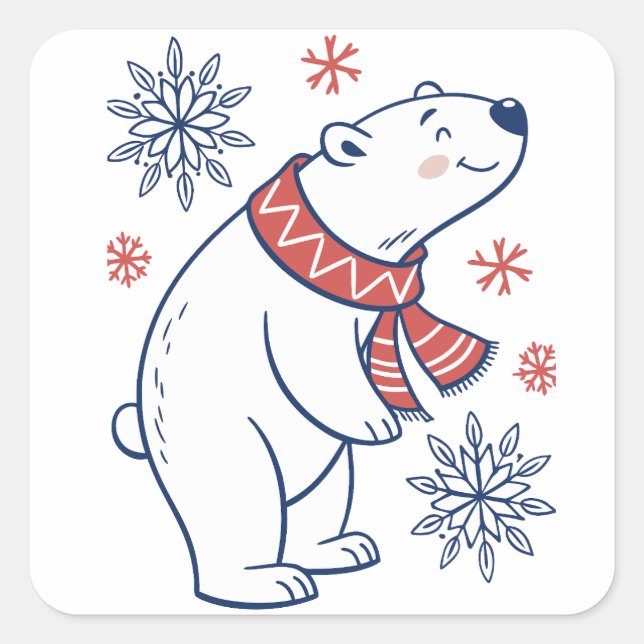Sticker Carré Ours polaire joyeux Design de vacances d'hiver (Devant)