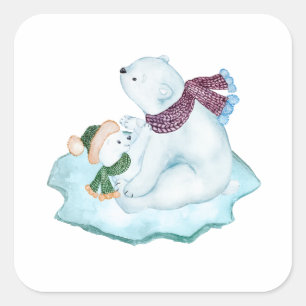 STICKER CARRÉ OURS POLAIRES DE MOMME ET BÉBÉ S'ASSEOIR SUR LA FL