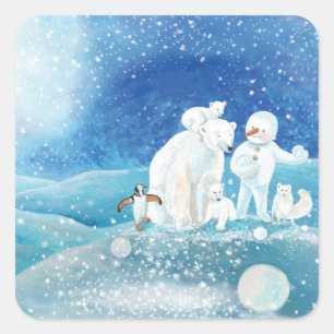 Sticker Carré Ours polaires, Renard polaire, Pingouin Empereur &