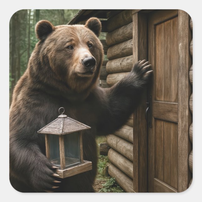 Sticker Carré Ours tenant un éleveur d'oiseaux vide (Devant)