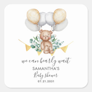 Sticker Carré Ourson Eucalyptus Script Baby Shower