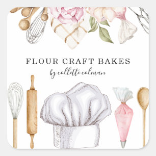 Sticker Carré Outils de cuisson à l'aquarelle du chef pâtissier 