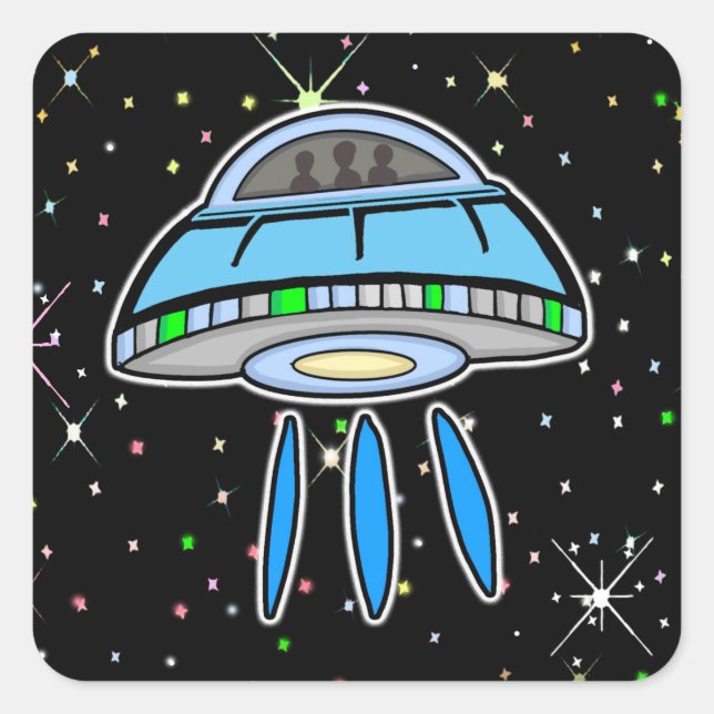 Sticker Carré OVNI bleu avec nuit étoilée Espace extra-atmosphér (Devant)