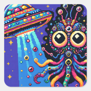 Sticker Carré OVNI et Pixel Art Alien