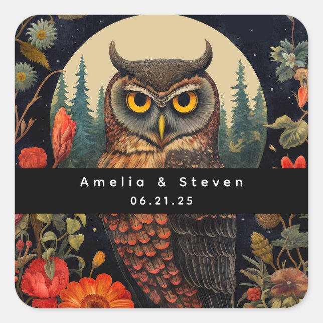 Sticker Carré Owl at Night with a Full Moon - Wedding (Devant)