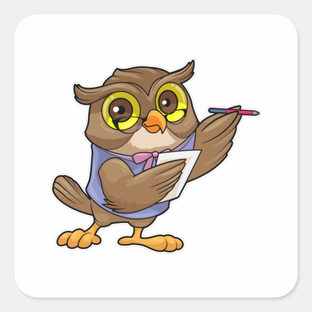 Sticker Carré Owl comme secrétaire avec stylo et note (Devant)
