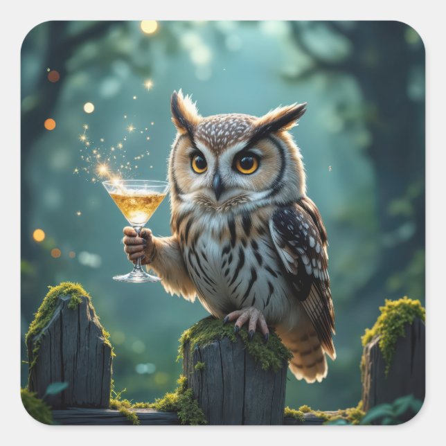Sticker Carré Owl Holding a Cocktail In a Mystical Forest (Devant)