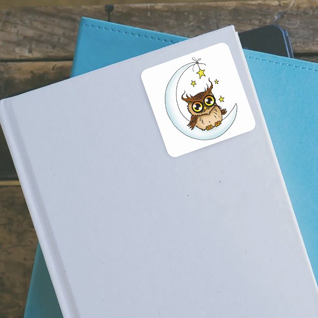 Sticker Carré Owl Moon Blue Cute Stars (Créateur téléchargé)