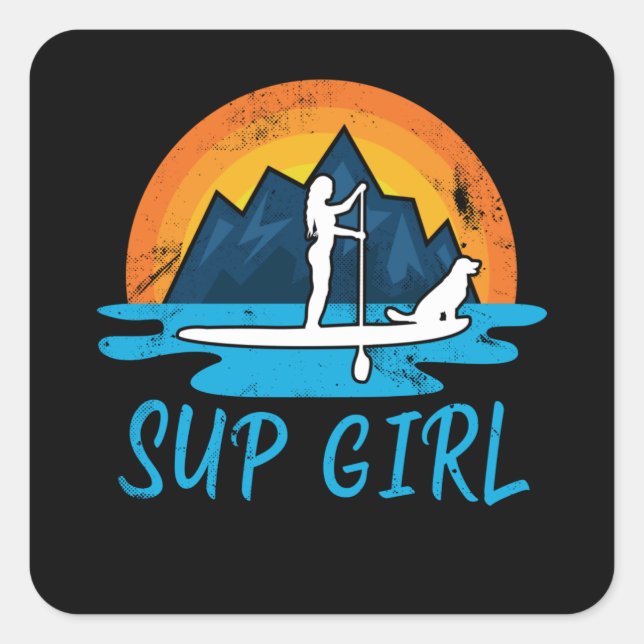Sticker Carré Paddleboard Sup Girl Chien Retro Cadeau (Devant)