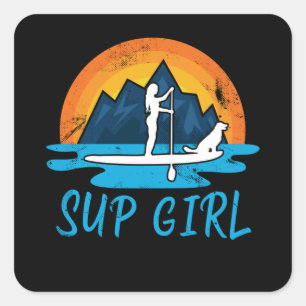 Sticker Carré Paddleboard Sup Girl Chien Retro Cadeau