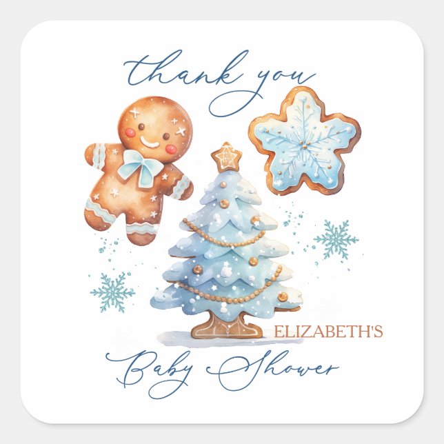 Sticker Carré Pain d'épice Boy Christmas Tree Baby shower Merci (Devant)