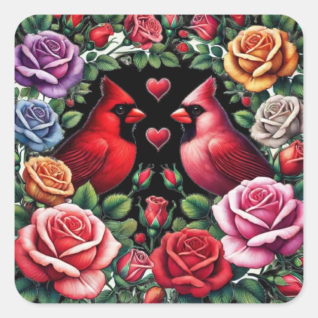 Sticker Carré Paire de cardinaux au milieu de Roses dynamiques (Devant)