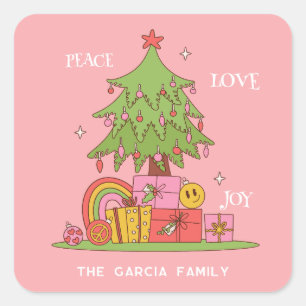 Sticker Carré Paix, amour et joie - Arbre de Noël rétro en rose